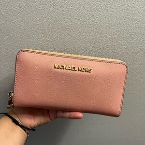 MICHAEL KORS Pink Zip-Around Saffiano Wallet with Gold Hardware